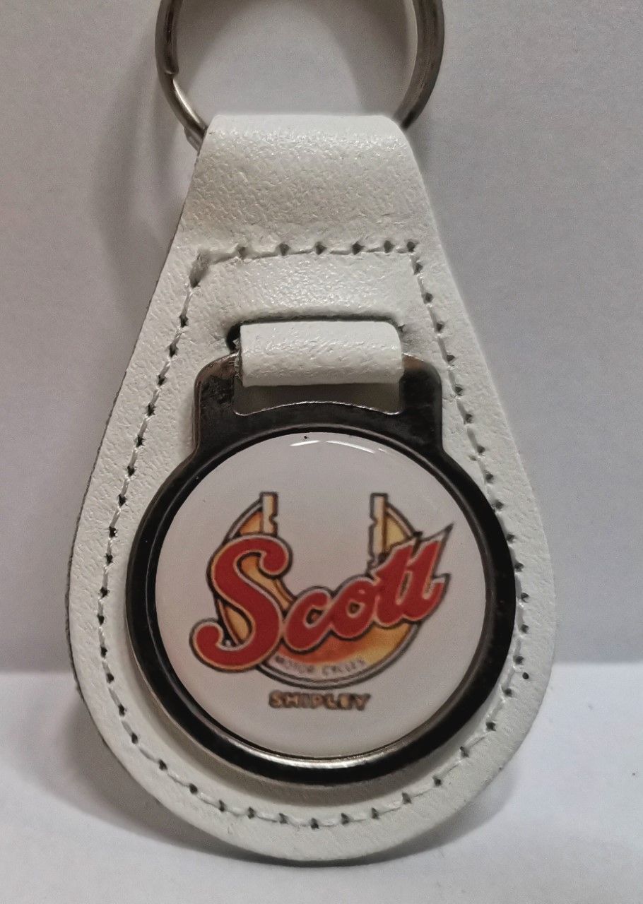 Scott acrylic badged white leather keyring