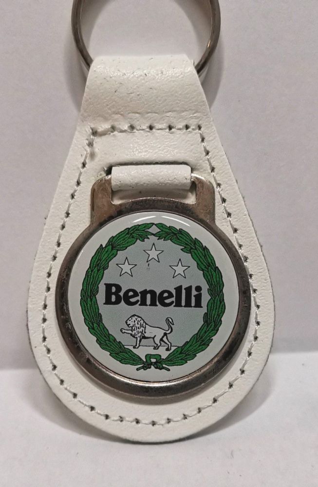 Benelli acrylic badged white leather keyring.