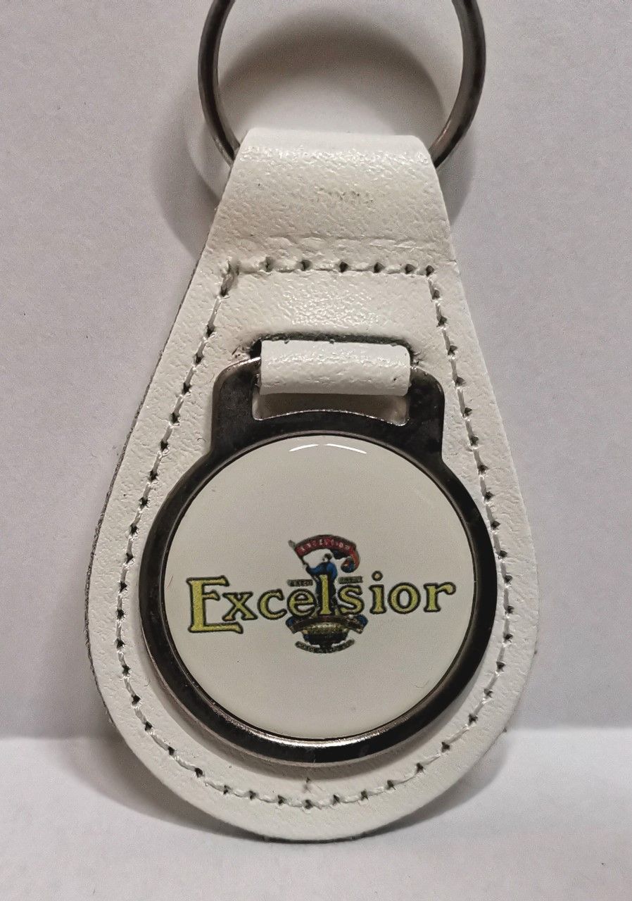 Excelsior acrylic badged white leather keyring.