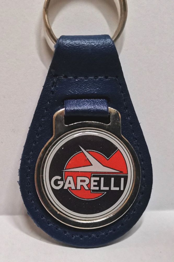 Garelli acrylic badged blue leather keyring..