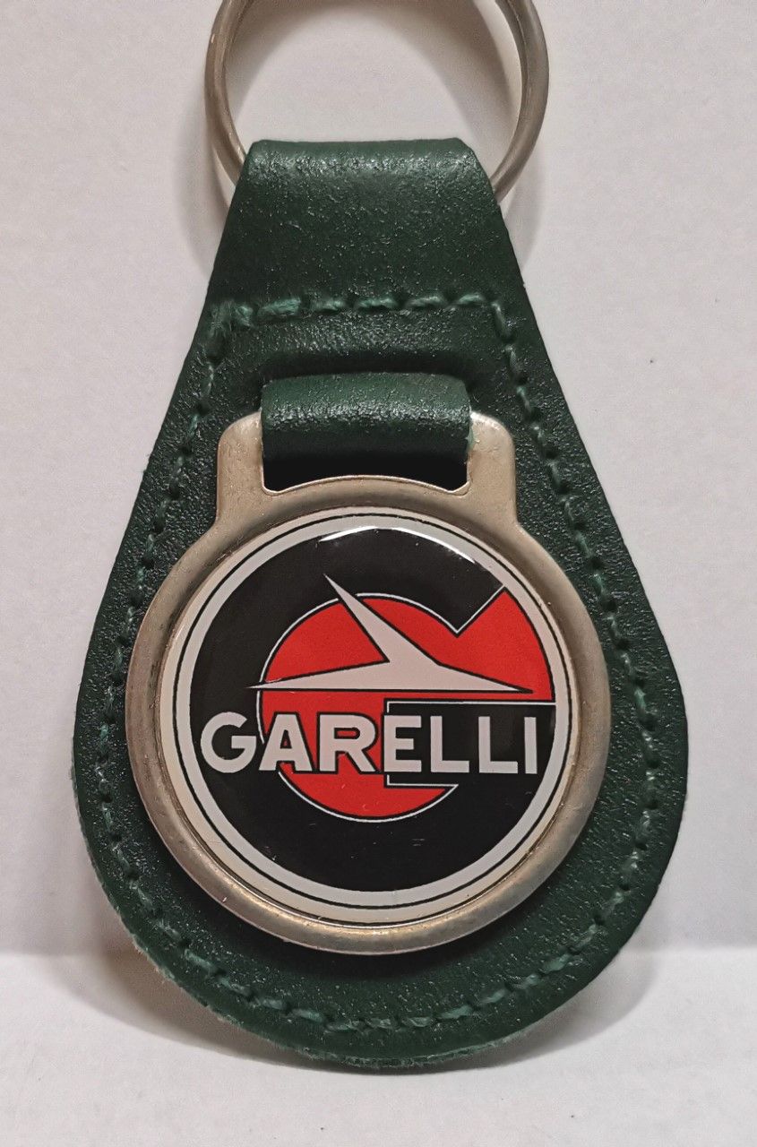 Garelli acrylic badged green leather keyring