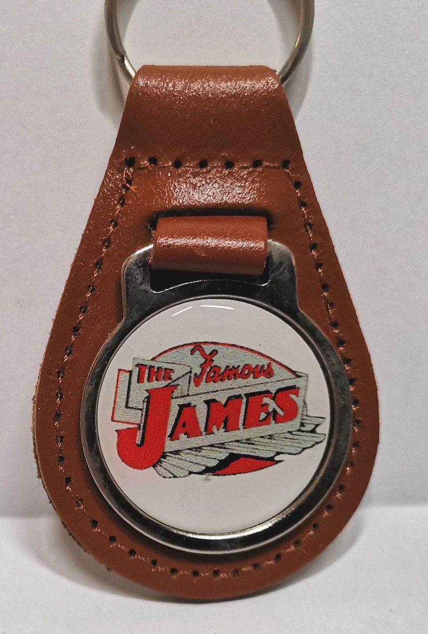 James acrylic badged tan leather keyring