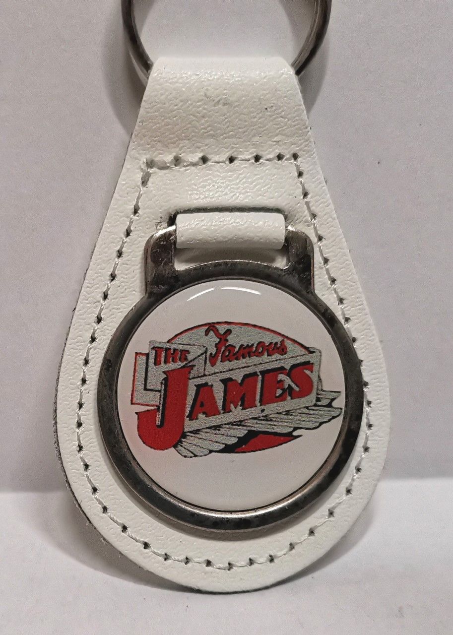 James acrylic badged white leather keyring