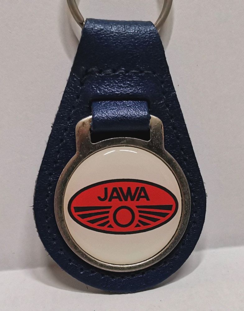 Jawa acrylic badged blue leather keyring..