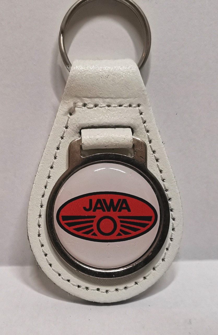 Jawa acrylic badged white leather keyring