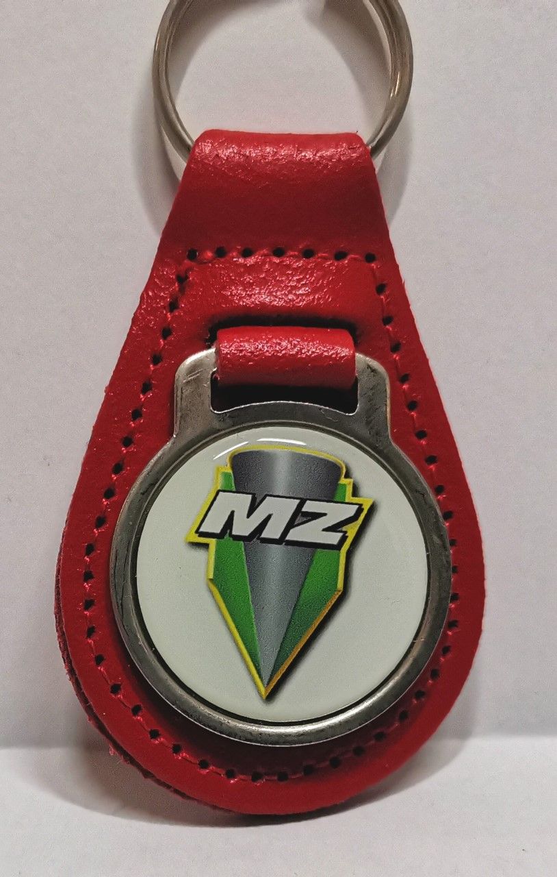 MZ acrylic badged red leather keyring