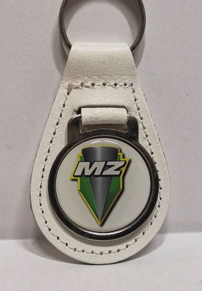 MZ acrylic badged white leather keyring..