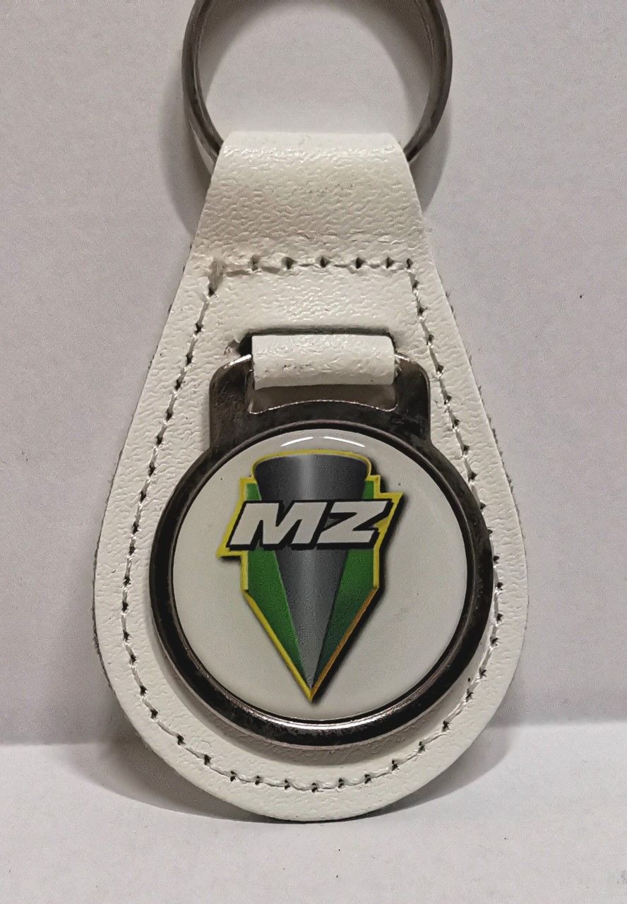 MZ acrylic badged white leather keyring