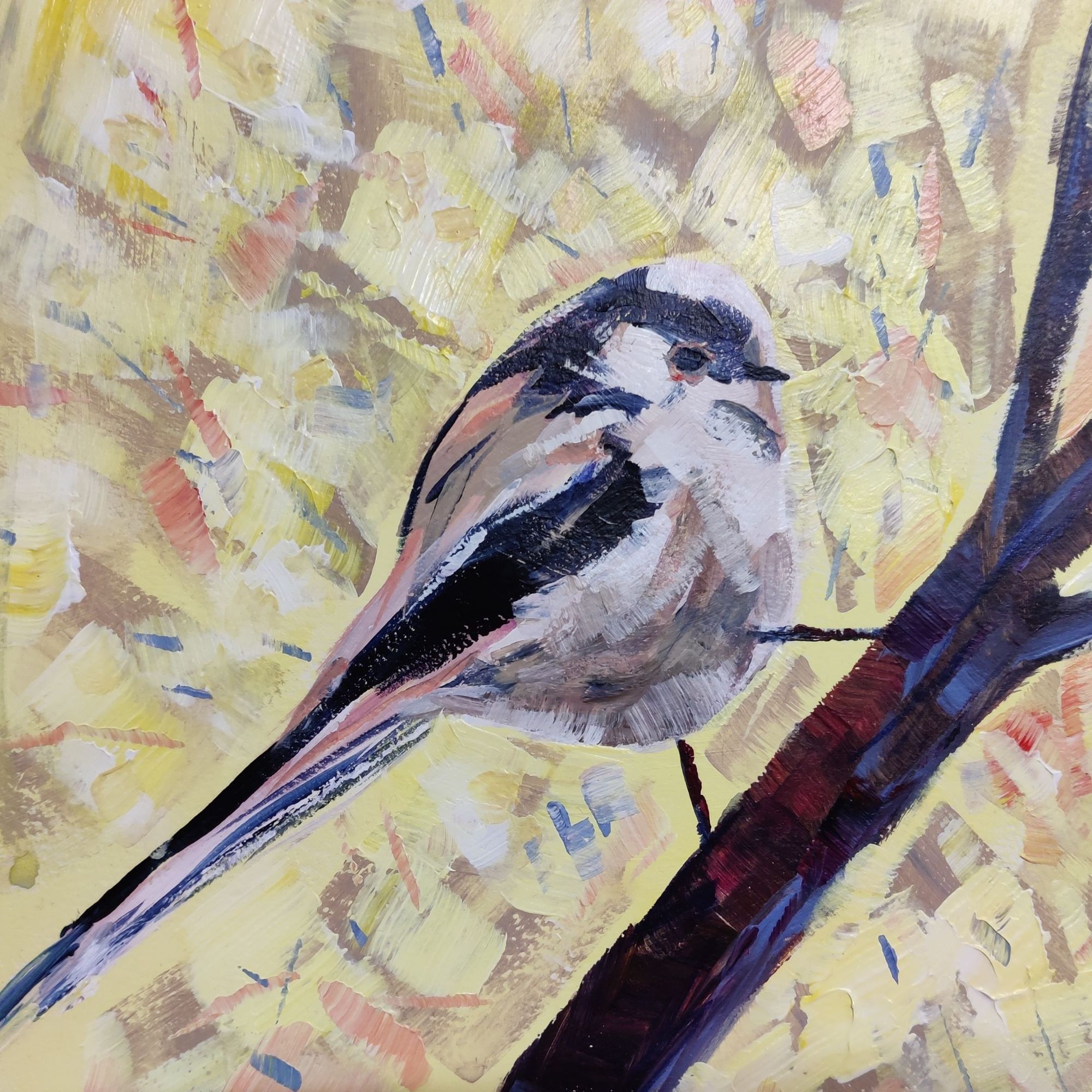 long-tailed tit painting with contemporary abstract background
