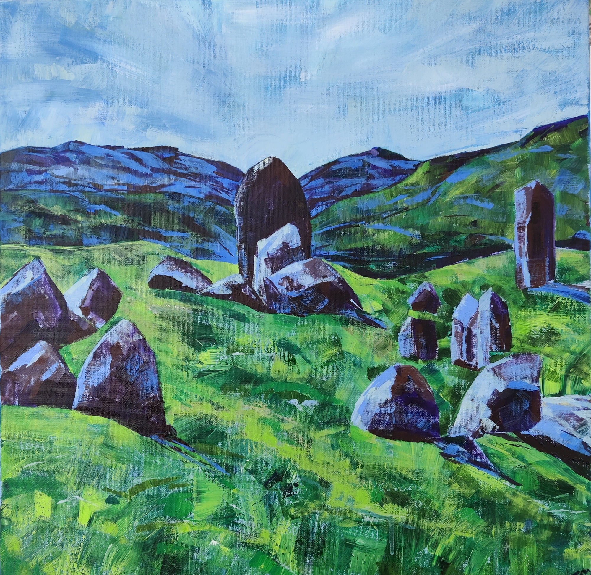 acrylic painting on canvas of Castlerigg standing stones in Keswick Cumbria