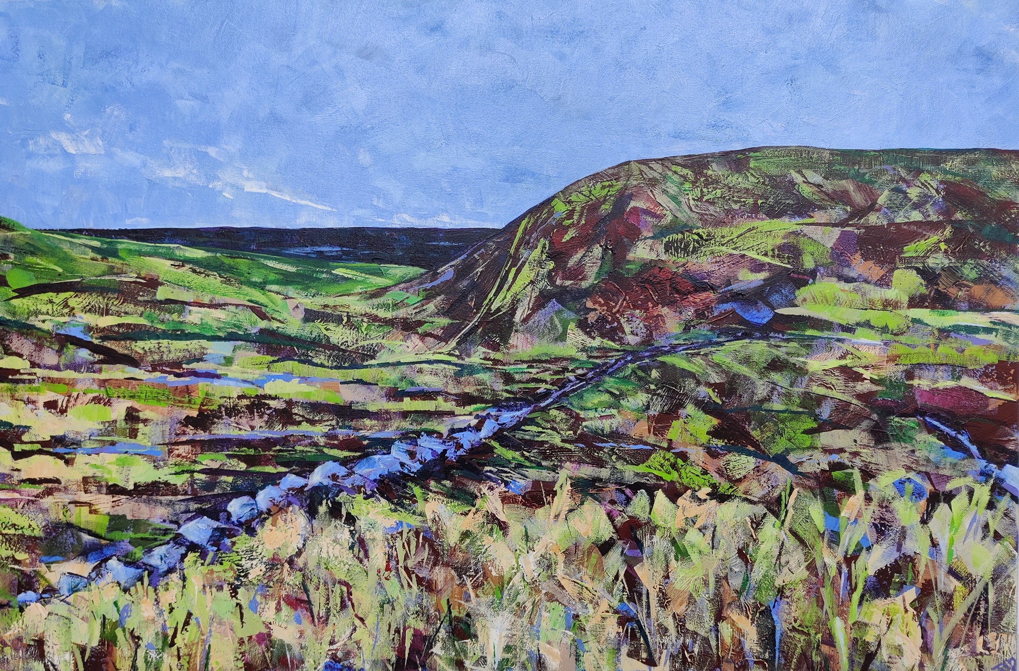 acrylic painting for sale of a landscape with stone wall in Lancashire