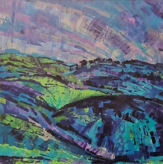 acrylic painting on canvas of stormy view bright colours