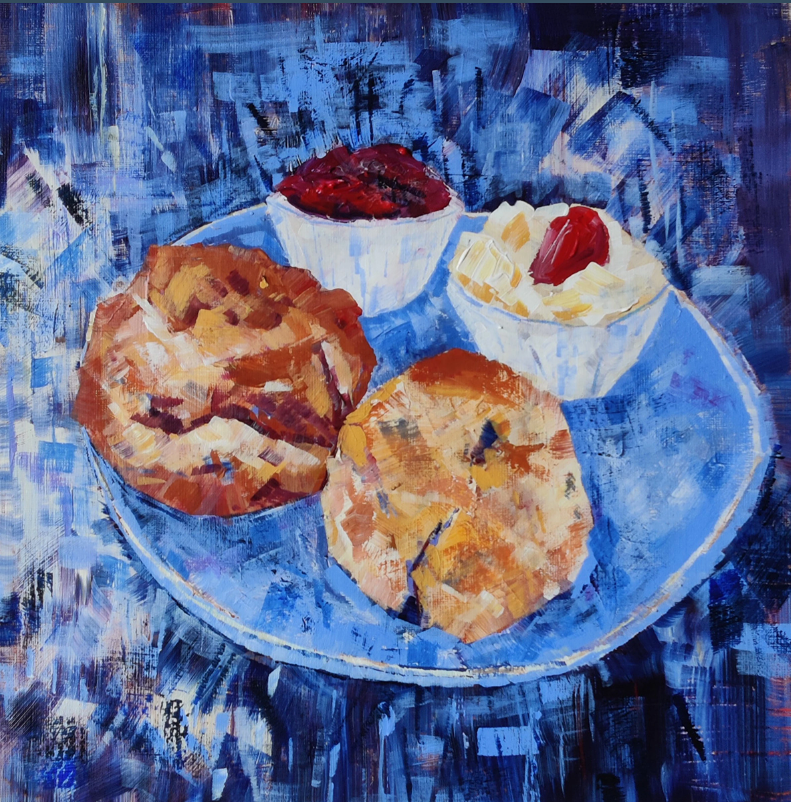 acrylic painting of a cream tea