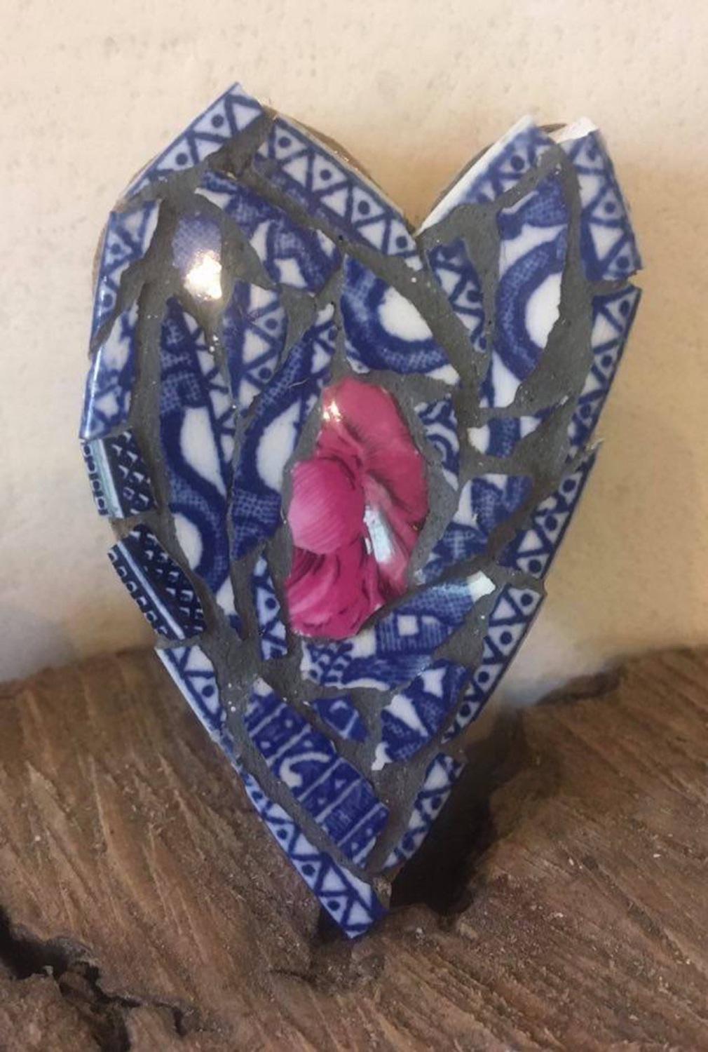 Willow Pattern Red Rose Vintage China Mosaic Heart