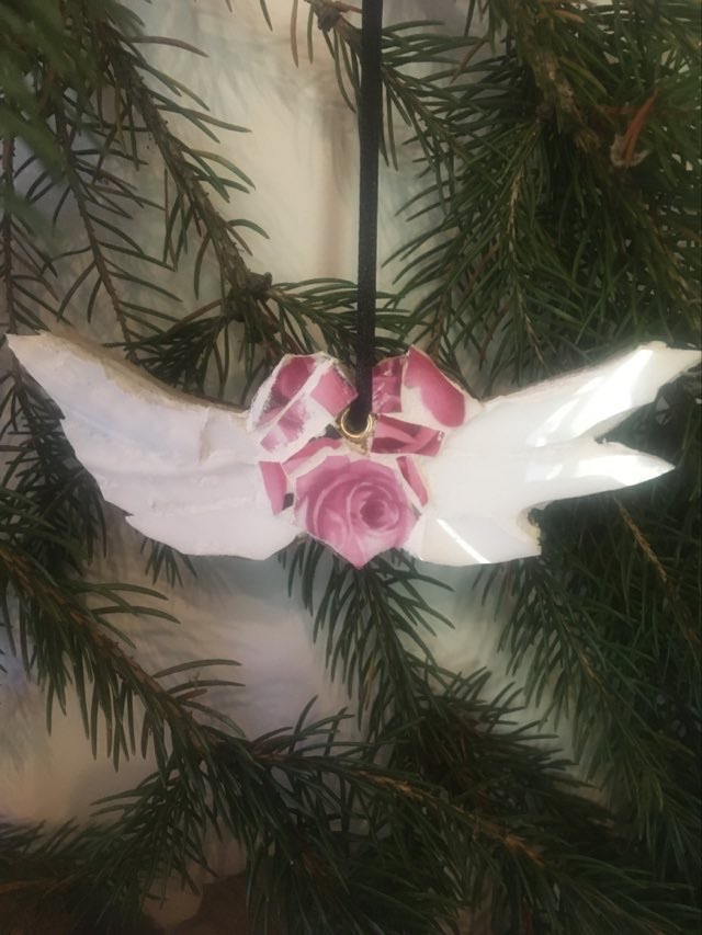 China Mosaic Rosey Heart & Wings Tree Christmas Tree Decoration Hand Made in UK.