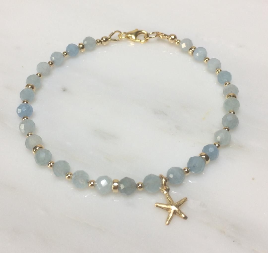 Aquamarine And Gold Star Fish Charm Bracelet