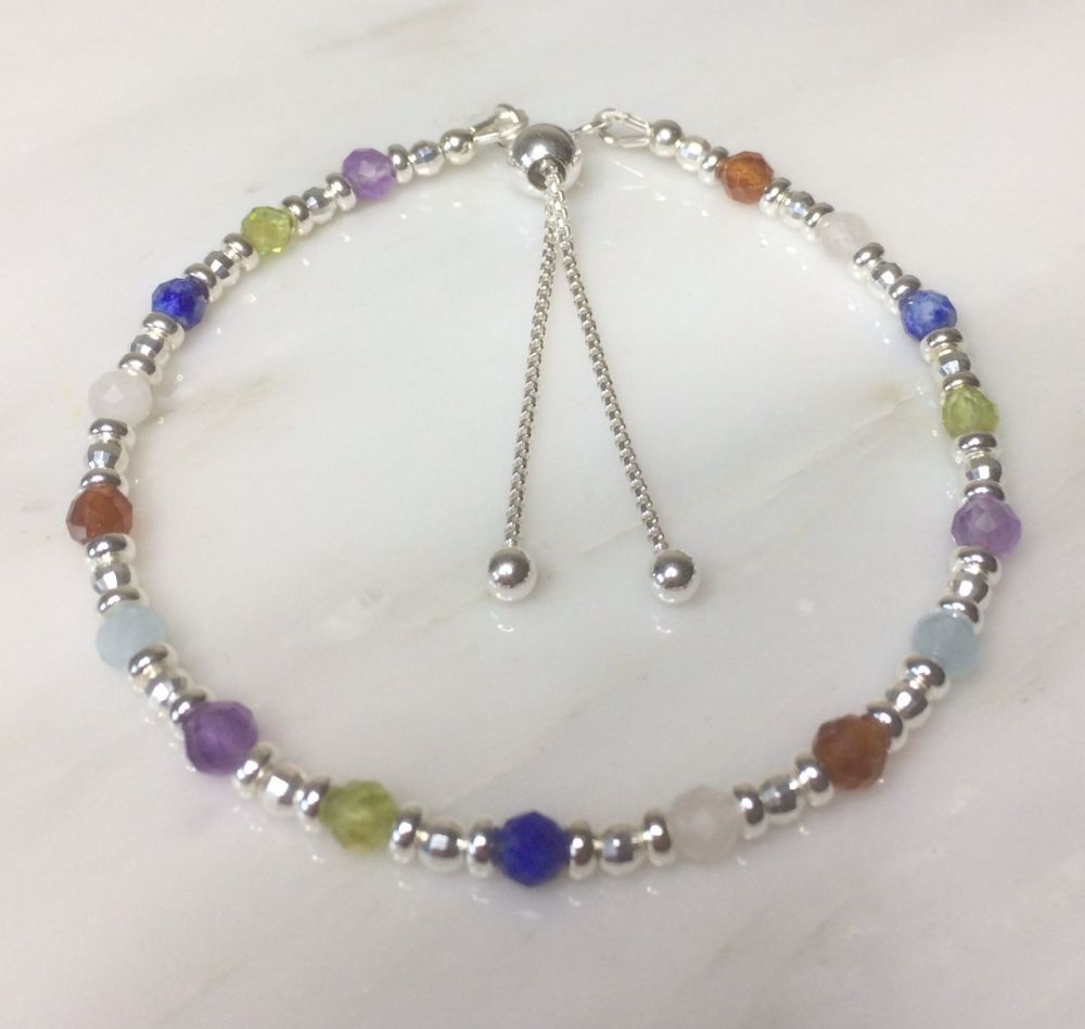 sterling silver and multi gemstone bolo bracelet