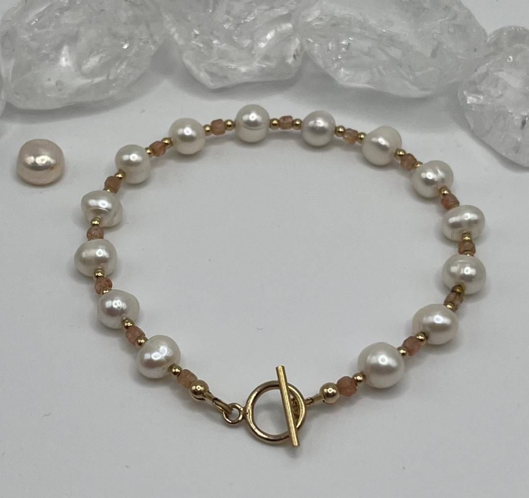 Freshwater Pearl And Peach Moonstone Bracelet