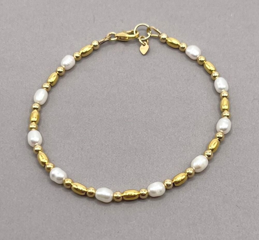 Gold and Freshwater Rice Pearl Bracelet