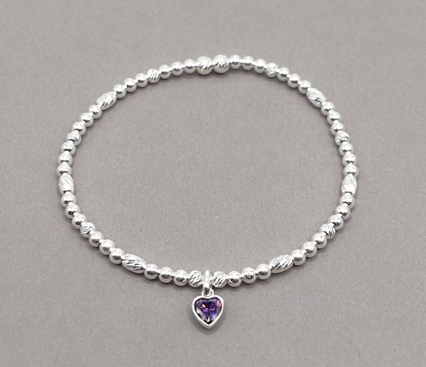 Amethyst Crystal Heart Charm Bracelet