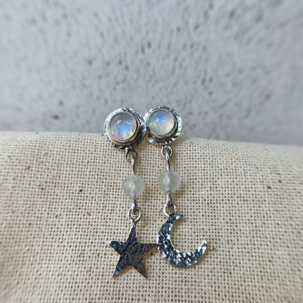 One of a Kind Moonstone Star and Moon Earrings