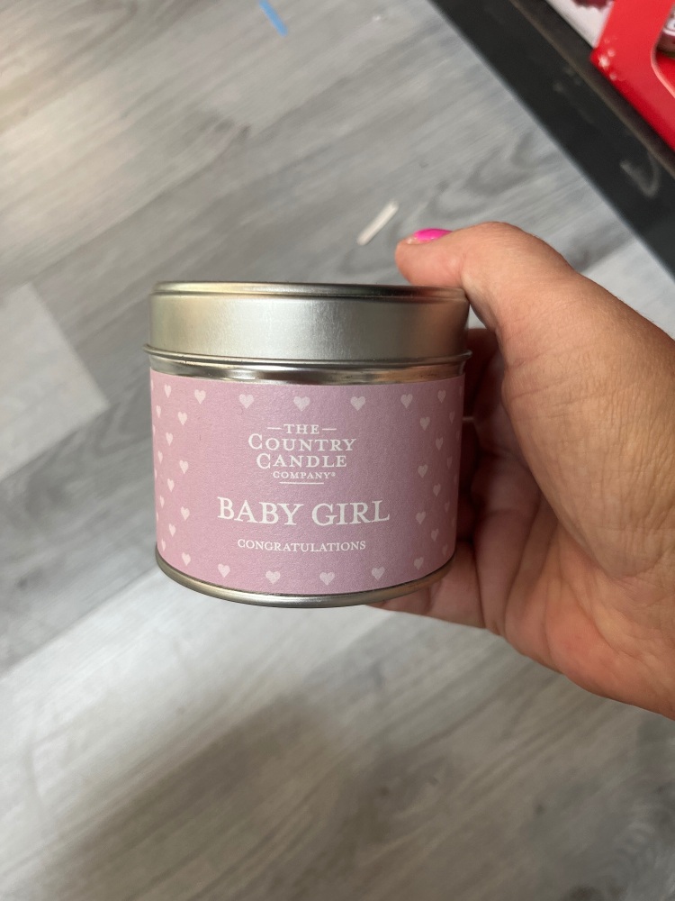 Baby girl congratulations tinned candle 30-35hours burn time