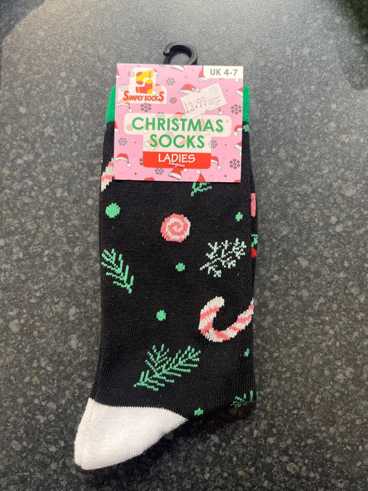 Ladies Xmas socks black with candy canes