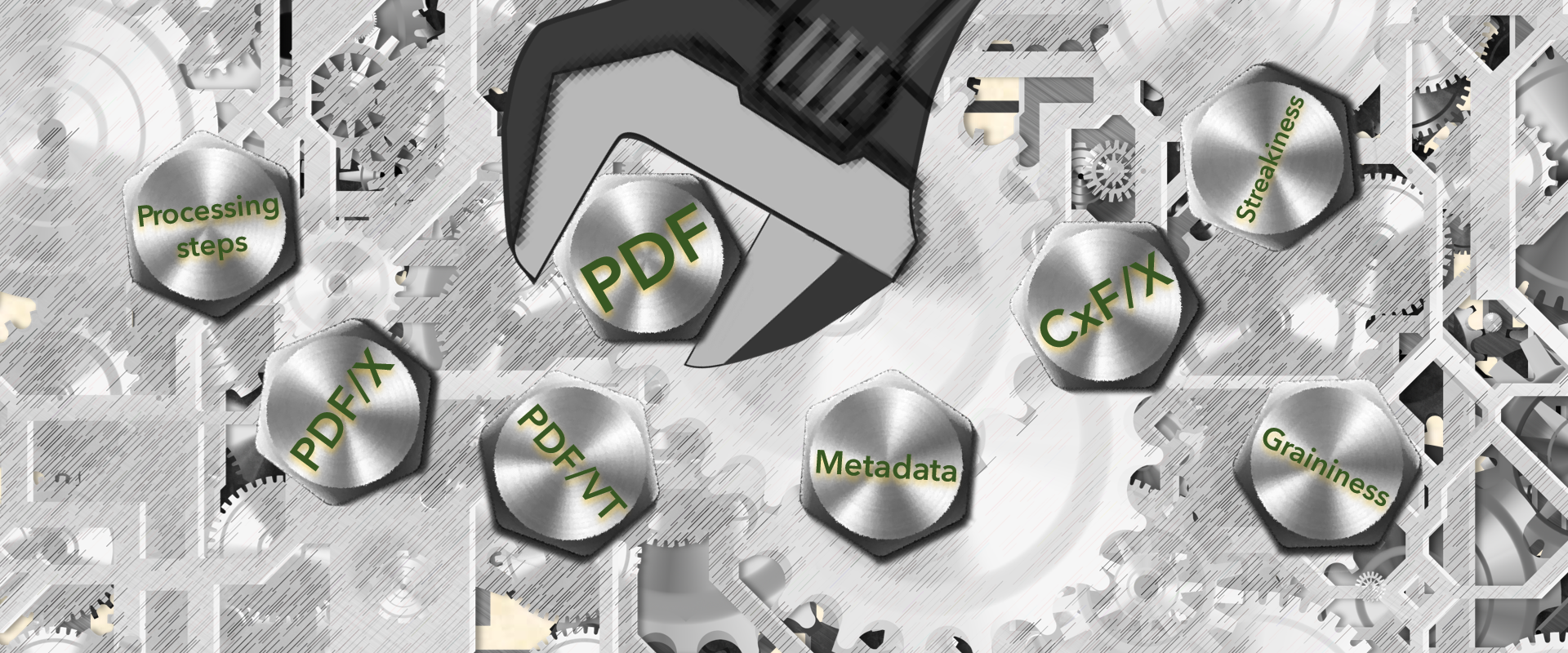 A spanner is used to adjust a bolt marked PDF. Other bolts are martked with other standards
