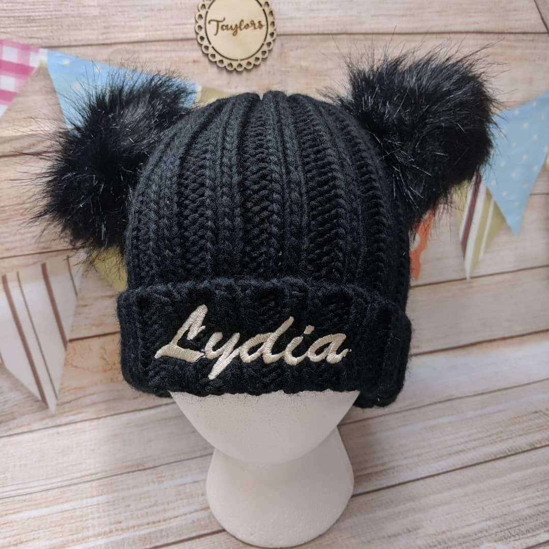 Personalised Double Pom Pom Hat (Grey or Black)