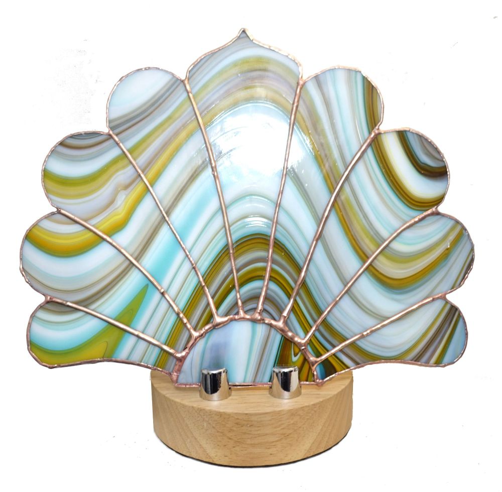 Turquoise Jade and Chartreuse Stained Glass Fan Lamp