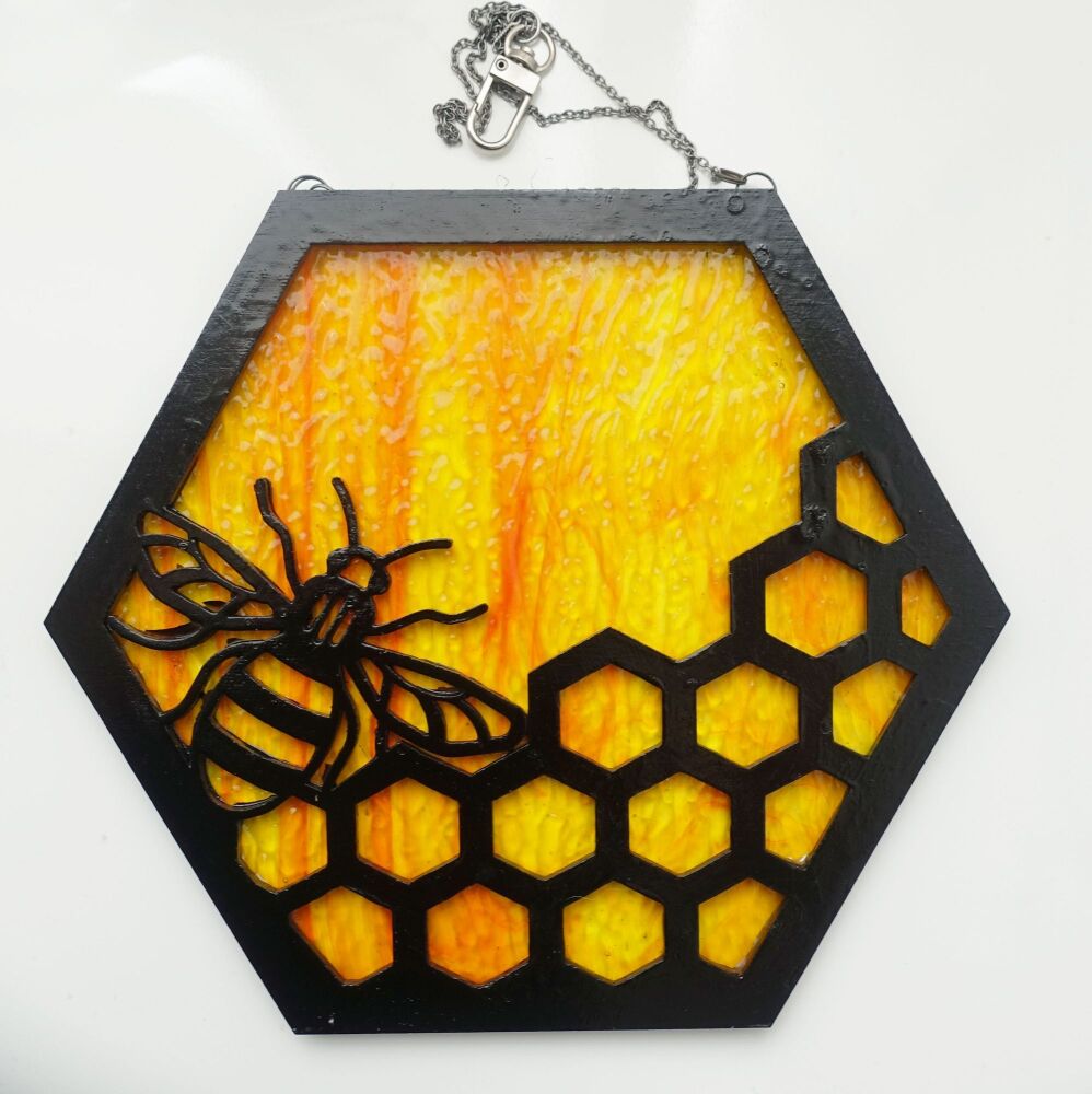 Stained Glass Hexagonal Suncatcher Honey Bee
