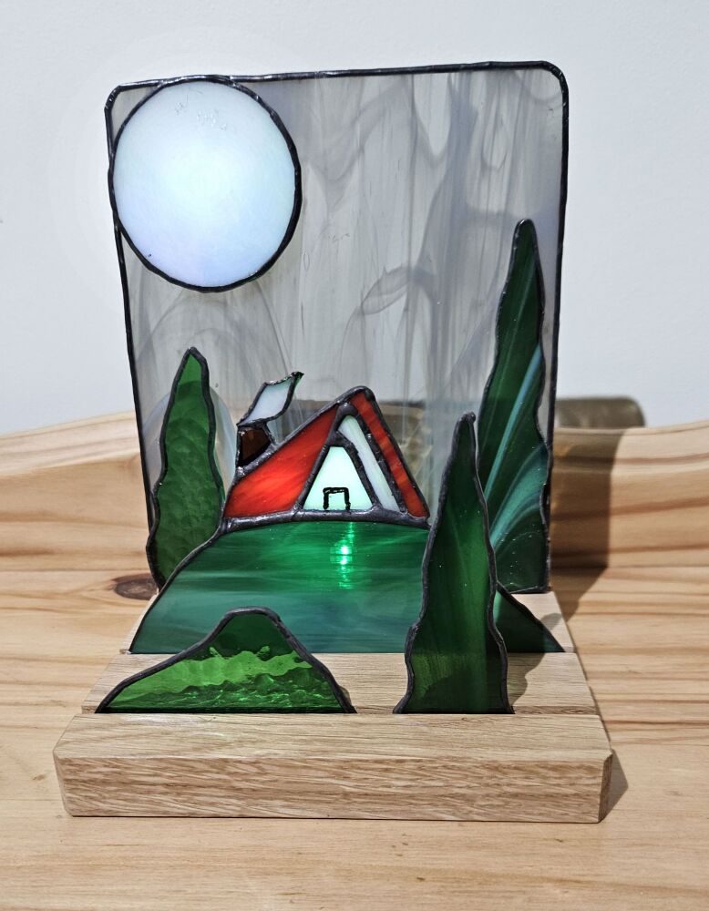 Stained Glass Red Roofed Cottage 3D Suncatcher Lamp