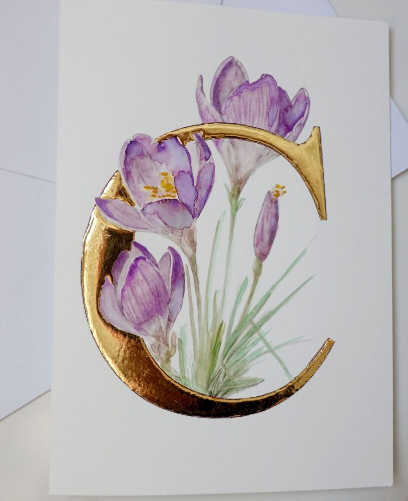Blank Card Crocus Watercolour Gold Leaf