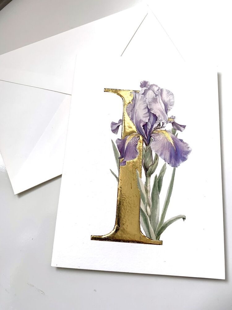 Blank Card Watercolour Iris with Gold Leaf Letter I