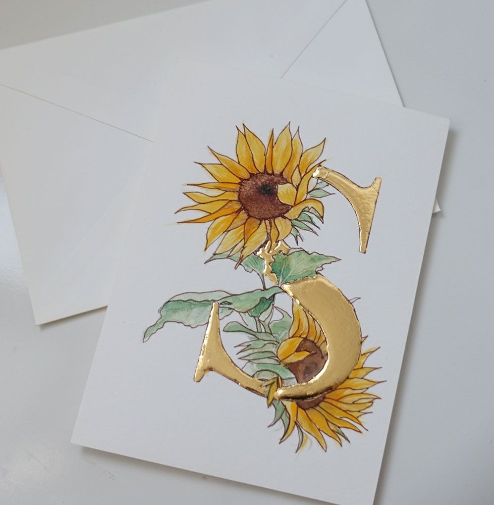 Blank Card Sunflower Watercolour with Pure Gold Leaf