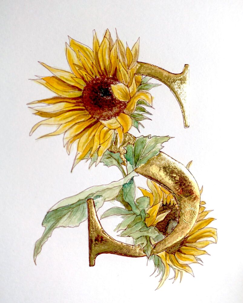 Original Watercolour Gold Leaf Art Sunflowers