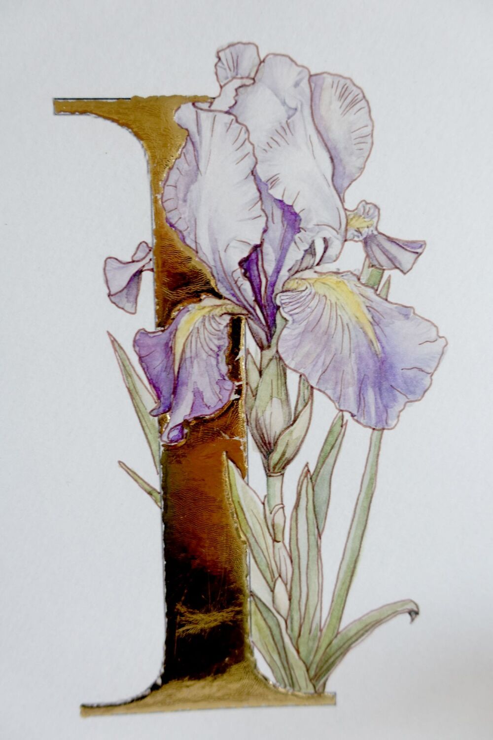 Original Water Colour Art Gold Leaf Iris