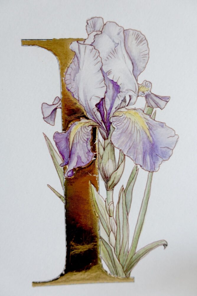 Original Water Colour Art Gold Leaf Iris