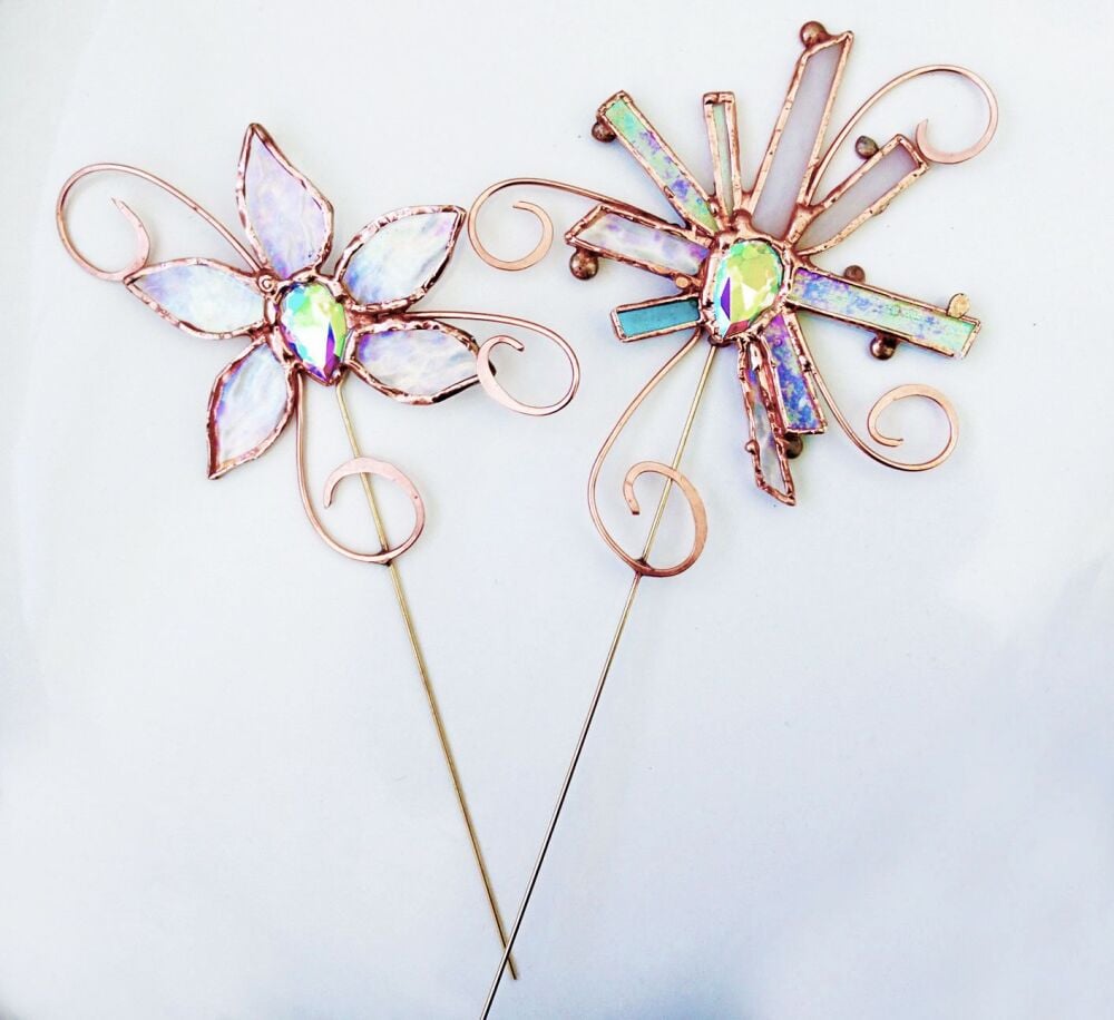 Pair of Stained Glass Diamante Plant Pot Ornaments
