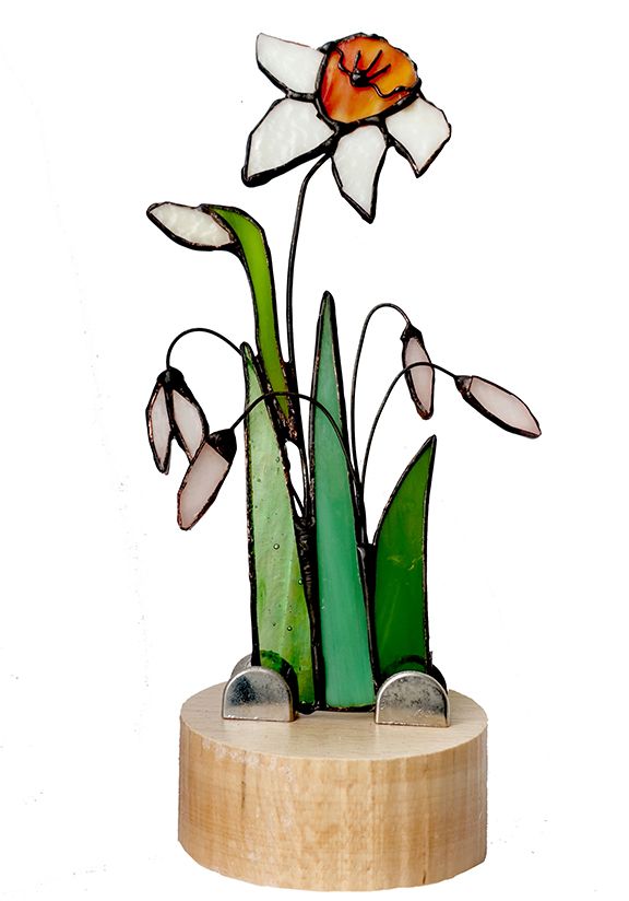 Stained Glass Narcissus on Wooden Base