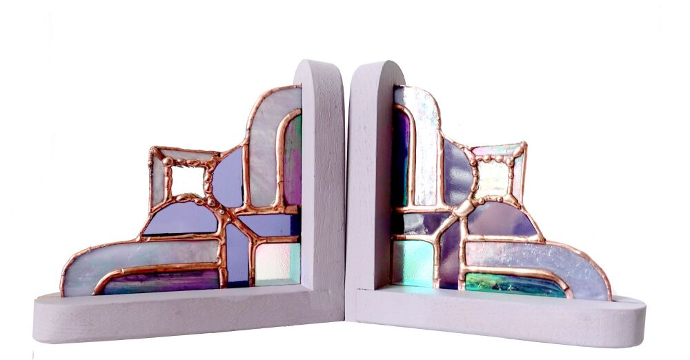 Stained Glass Art Deco Amethyst  Bookends