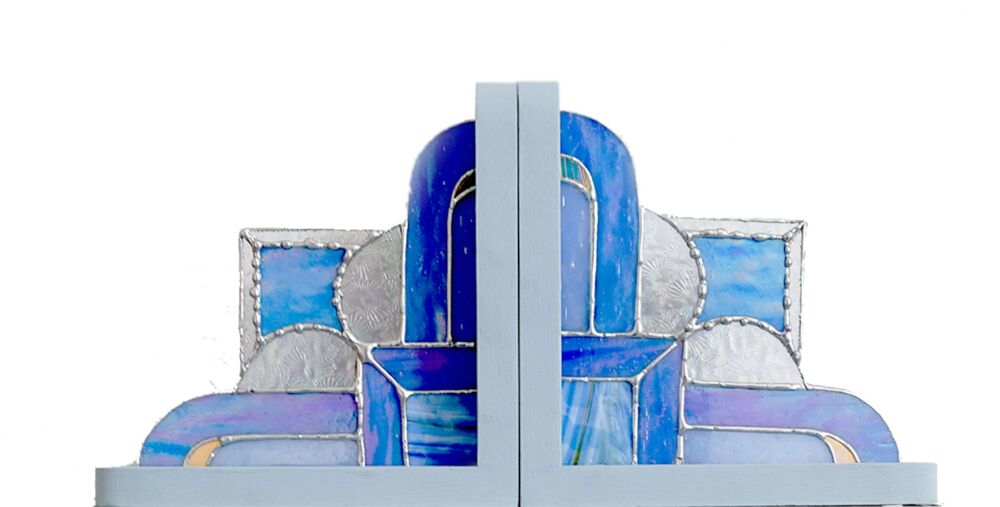 Blue Stained Glass Bookends Art Deco