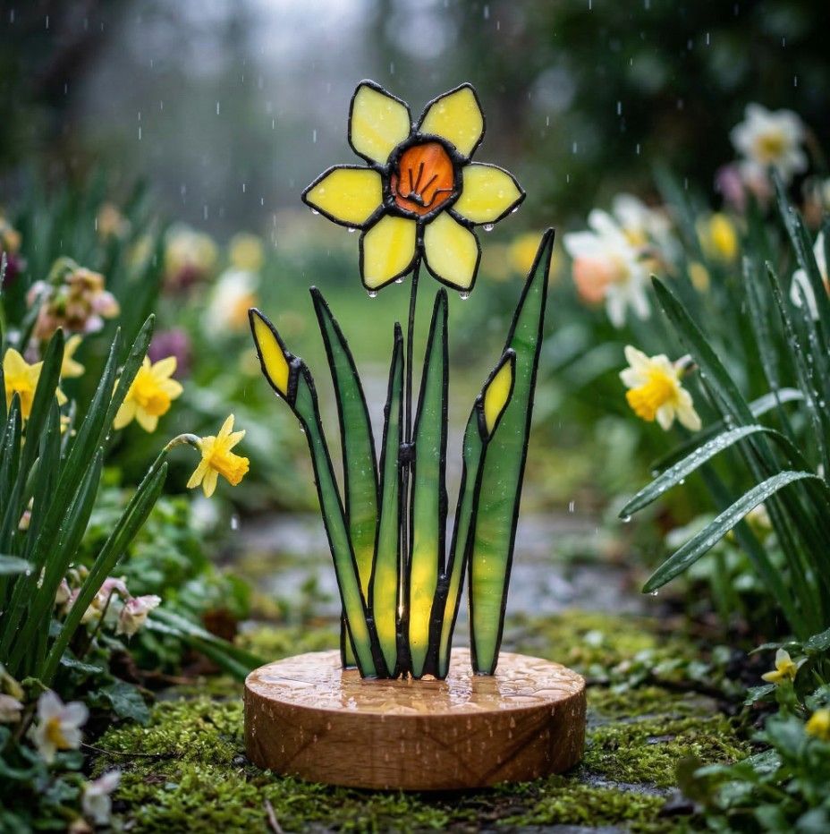 daffodl glass art rain