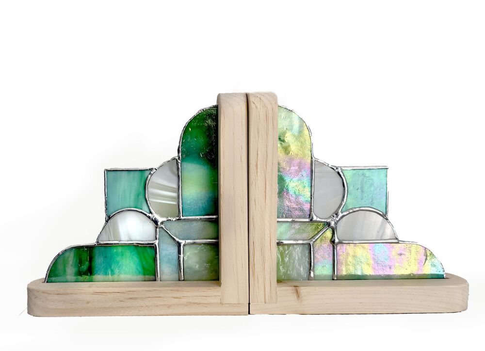 Art Deco Style Green Stained Glass Bookends