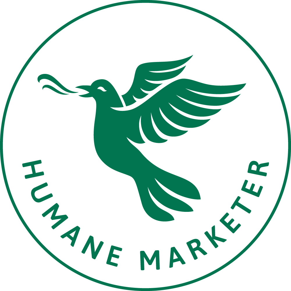 Humane Marketing circle logo, green on white, image of dove.