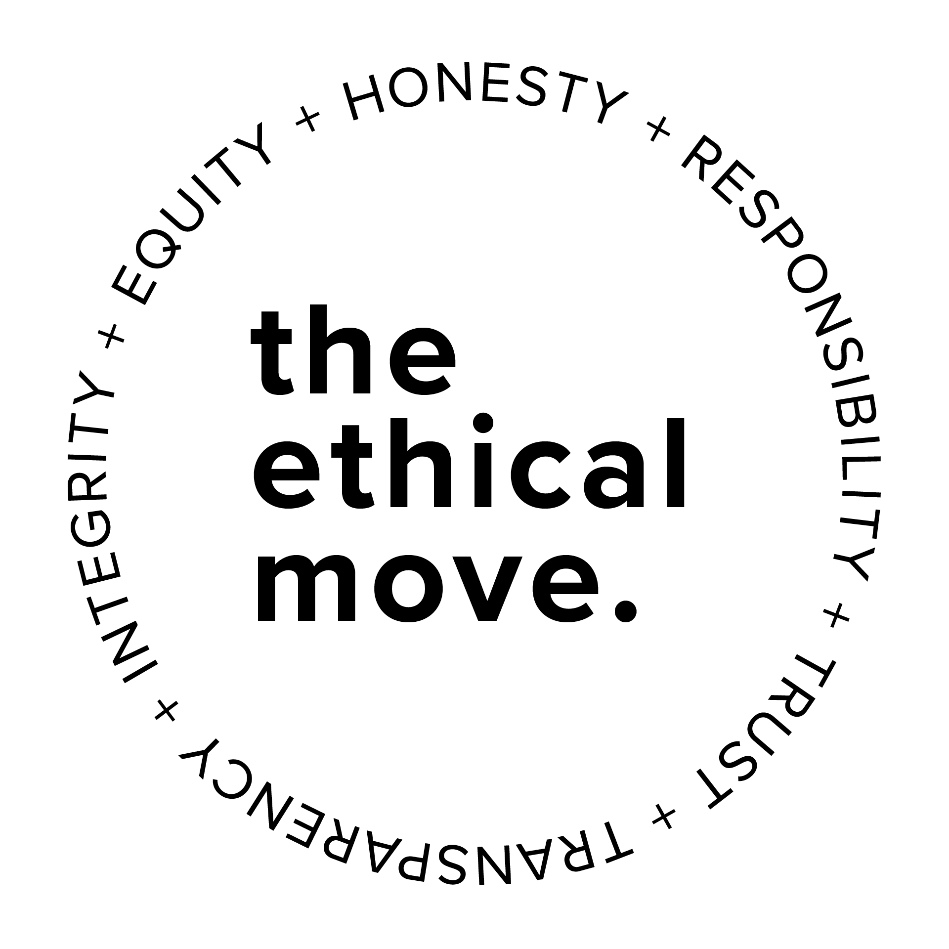 The Ethical Move logo in black on white with values in a circle outline: Honesty, Responsibility, Trust, Transparency, Integrity, Equity. 
