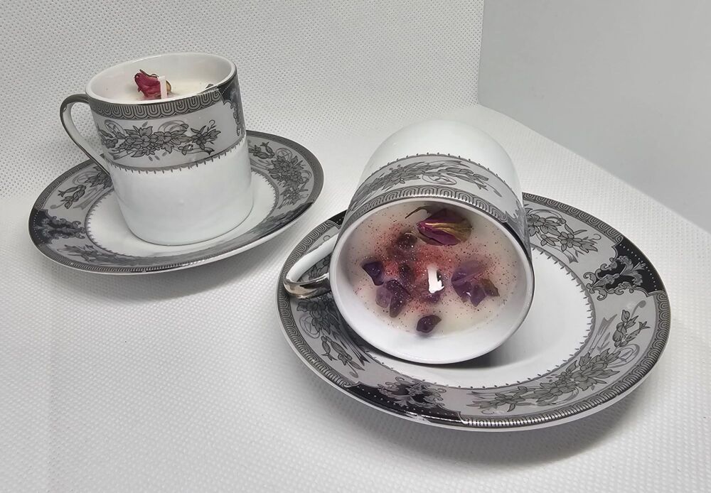 Handmade Small Scented Candle In A Tea Cup With Matching Saucer