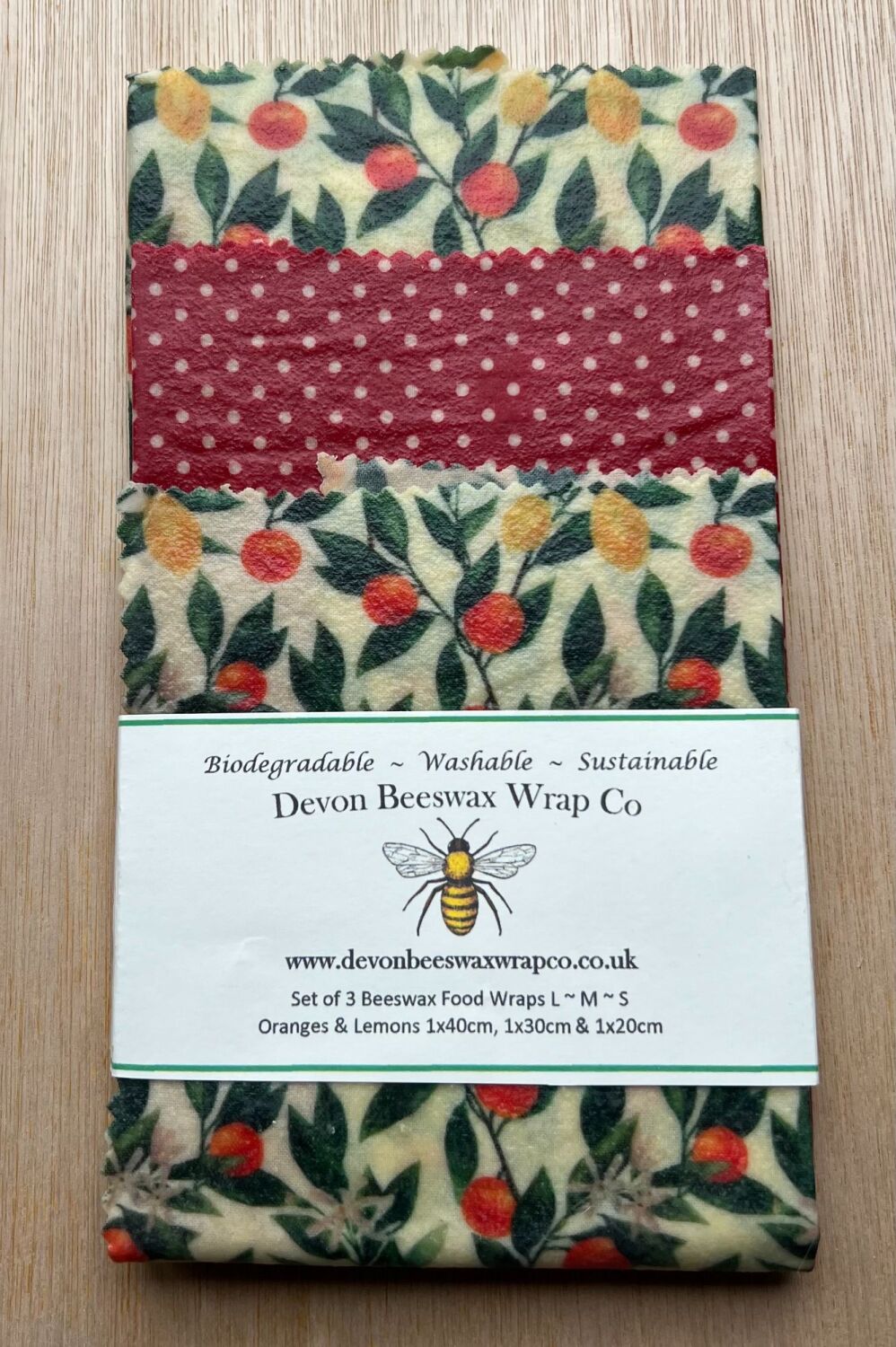 Set of 3 Beeswax Food Wraps - Orange & Lemons & Dotty Red