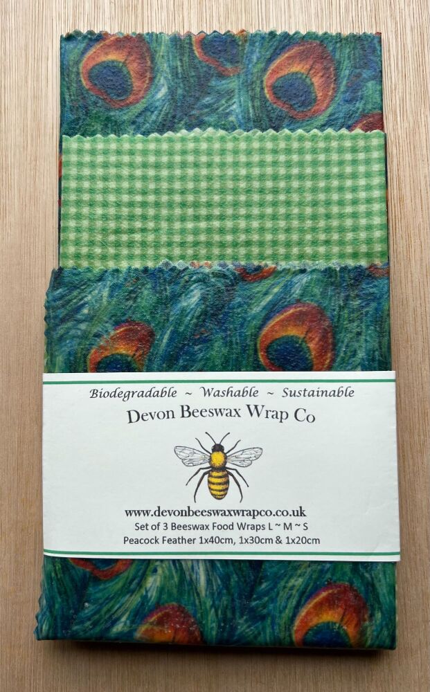 Set of 3 Beeswax Food Wraps - Peacock Feathers & Gingham Green