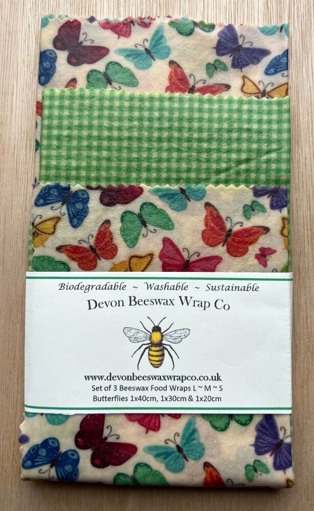 Set of 3 Beeswax Food Wraps - Butterflies & Gingham Green